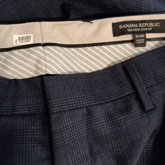 Banana Republic Mens Slim Fit Wool Dress Pants 33x30 Blue Check Flat Front - Picture 10 of 11